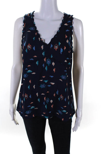 Maeve Anthropologie Womens Crepe Turtle Printed Scoop Neck Tank Top Navy Size 6