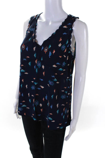 Maeve Anthropologie Womens Crepe Turtle Printed Scoop Neck Tank Top Navy Size 6