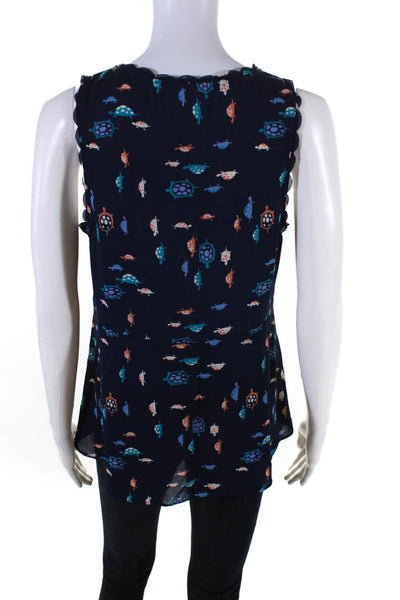 Maeve Anthropologie Womens Crepe Turtle Printed Scoop Neck Tank Top Navy Size 6