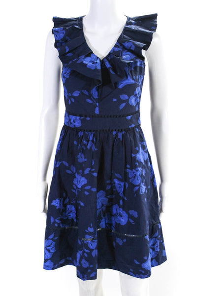 Kate Spade New York Womens Back Zip V Neck Ruffled Floral Dress Navy SIZE 2