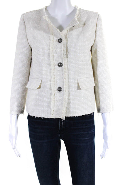 Decker Womens Cotton Tweed Button Down Raw Trim Lined Jacket White Size M