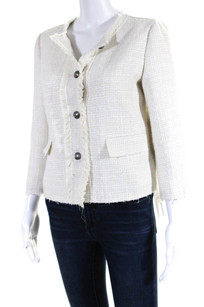 Decker Womens Cotton Tweed Button Down Raw Trim Lined Jacket White Size M