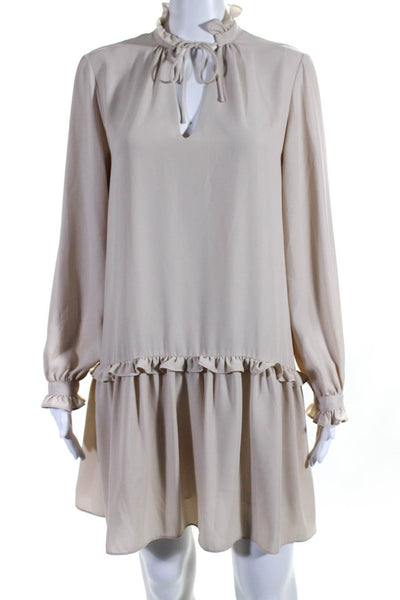 Amanda Uprichard Womens Long Sleeve V Neck Ruffle Trim Shift Dress Beige Size S