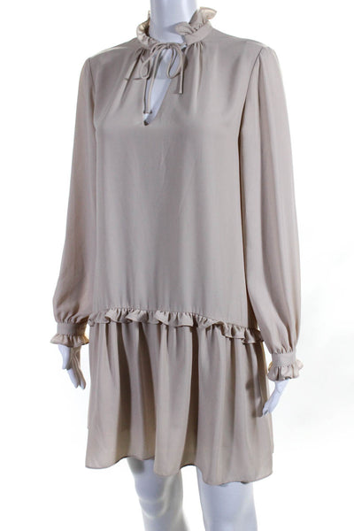 Amanda Uprichard Womens Long Sleeve V Neck Ruffle Trim Shift Dress Beige Size S