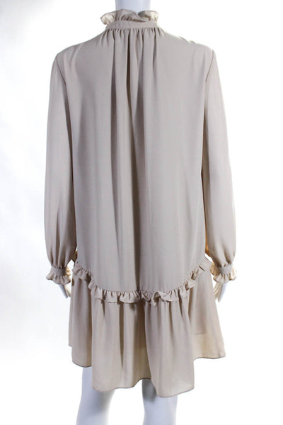 Amanda Uprichard Womens Long Sleeve V Neck Ruffle Trim Shift Dress Beige Size S