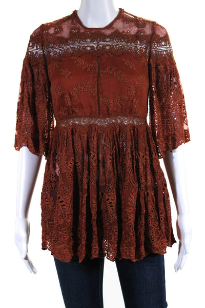 Zimmermann Womens Side Zip Half Sleeve Crew Neck Eyelet Top Brown Size 0