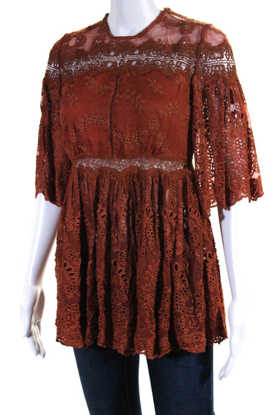 Zimmermann Womens Side Zip Half Sleeve Crew Neck Eyelet Top Brown Size 0