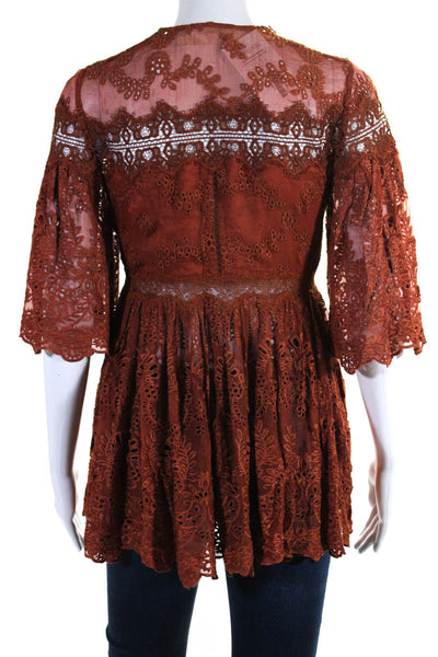 Zimmermann Womens Side Zip Half Sleeve Crew Neck Eyelet Top Brown Size 0