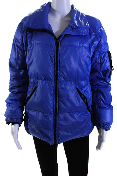 SAM. Womens Quilted Mock Neck Full Zip Up Med Length Puffer Coat Blue Size L