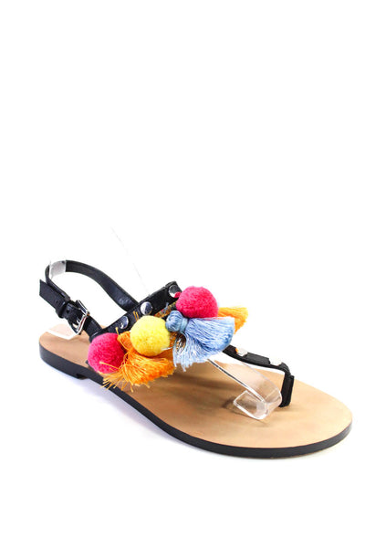 Rebecca Taylor Womens Leather Thong Pom Pom Sandals Black Size 8.5 Medium