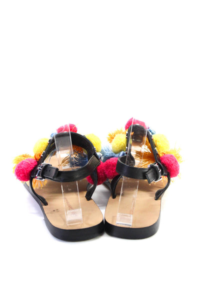 Rebecca Taylor Womens Leather Thong Pom Pom Sandals Black Size 8.5 Medium