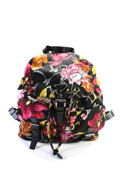 Prada Womens Floral Print Tessuto Flap Silver Tone Backpack Black Multi Colored