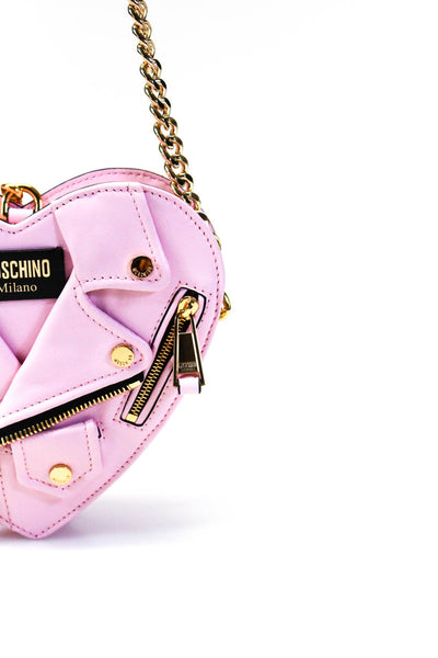 Moschino Womens Leather Gold Tone Heart Crossbody Shoulder Handbag Pink