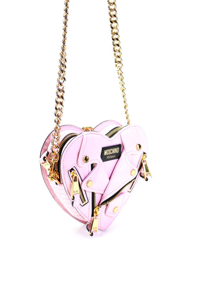 Moschino Womens Leather Gold Tone Heart Crossbody Shoulder Handbag Pink