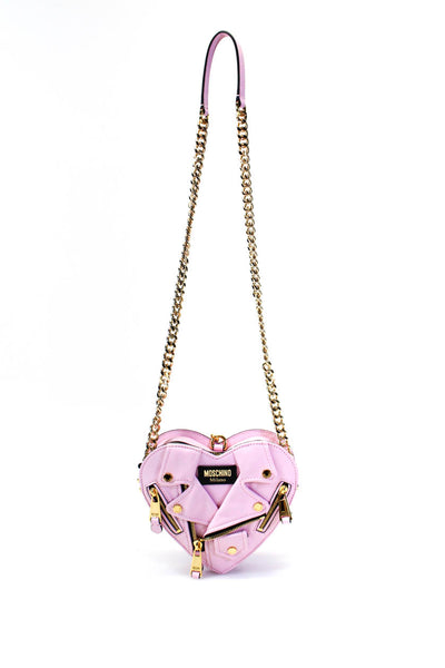 Moschino Womens Leather Gold Tone Heart Crossbody Shoulder Handbag Pink