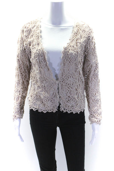 Halston Womens Silk Open Knit Overlay Button Up Cardigan Sweater Tan Size L