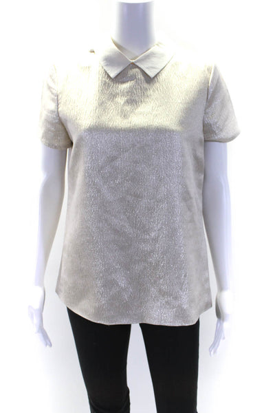 Raoul Womens Silk Glitter Print Collared Zip Short Sleeve Blouse Beige Size 6