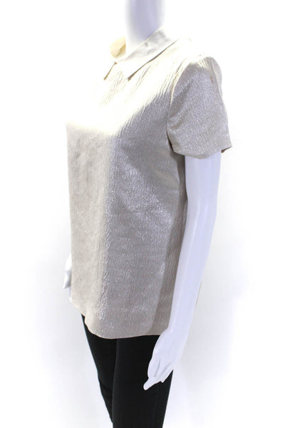 Raoul Womens Silk Glitter Print Collared Zip Short Sleeve Blouse Beige Size 6