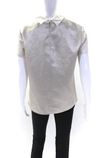 Raoul Womens Silk Glitter Print Collared Zip Short Sleeve Blouse Beige Size 6