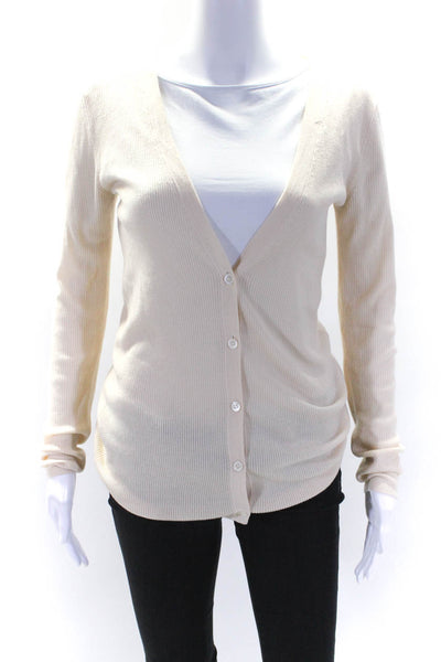 Theory Womens Long Sleev V Neck Rib Knit Wool Cardigan Sweater Beige Size Small