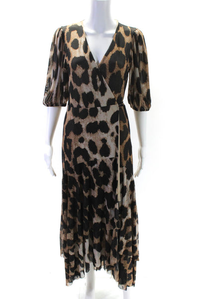 Ganni Womens Animal Print V Neck Front Tie Long Dress Brown Size 36