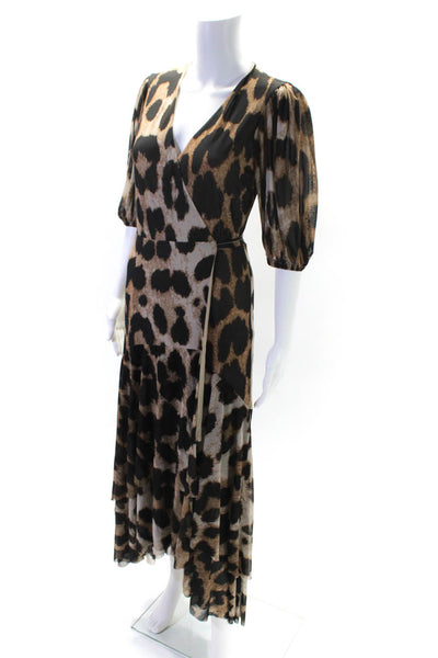 Ganni Womens Animal Print V Neck Front Tie Long Dress Brown Size 36