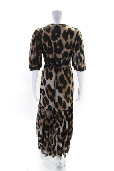 Ganni Womens Animal Print V Neck Front Tie Long Dress Brown Size 36