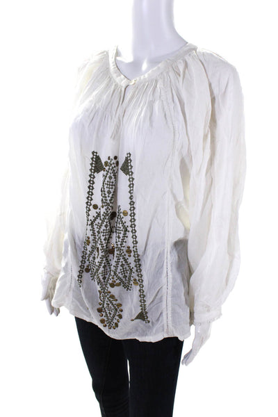 Roberta Freymann Womens Cotton V-Neck Embroidered Blouse Top White Size L