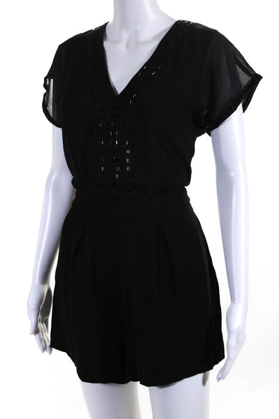 Reiss Womens Short Sleeve Beaded Lace Trim V Neck Crepe Romper Black Size 2