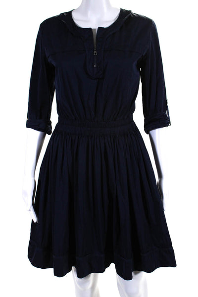 Mulberry Womens Front Zip Crew Neck 3/4 Sleeve A Line Dress Navy Blue Size 4