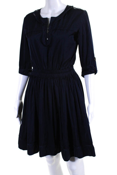 Mulberry Womens Front Zip Crew Neck 3/4 Sleeve A Line Dress Navy Blue Size 4