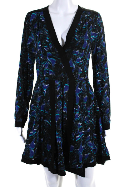 Proenza Schouler Womens Long Sleeve V Neck Abstract Silk Dress Blue Multi Size 2