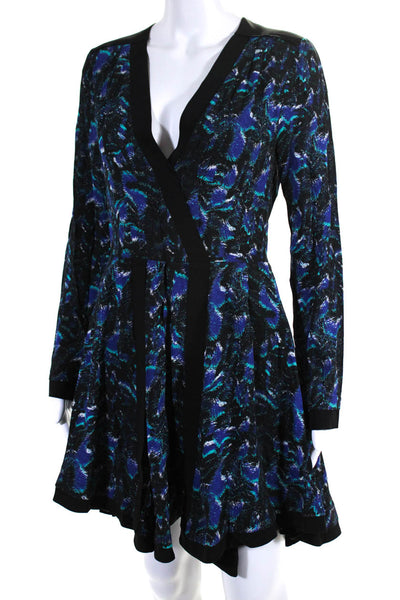 Proenza Schouler Womens Long Sleeve V Neck Abstract Silk Dress Blue Multi Size 2