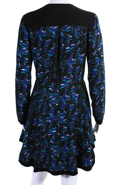 Proenza Schouler Womens Long Sleeve V Neck Abstract Silk Dress Blue Multi Size 2