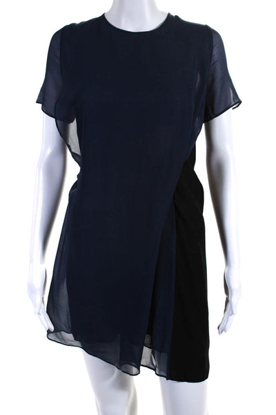 Acne Womens Short Sleeve Crew Neck Silk Mini Shift Dress Blue Black Size FR 32