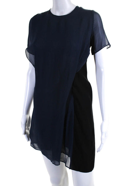 Acne Womens Short Sleeve Crew Neck Silk Mini Shift Dress Blue Black Size FR 32