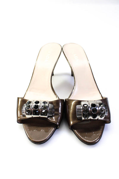 Prada Womens Cone Heel Crystal Embellished Sandals Brown Patent Leather Size 39