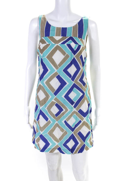 Trina Turk Womens Sleeveless Abstract Print Knee Length Dress White Blue Size 2