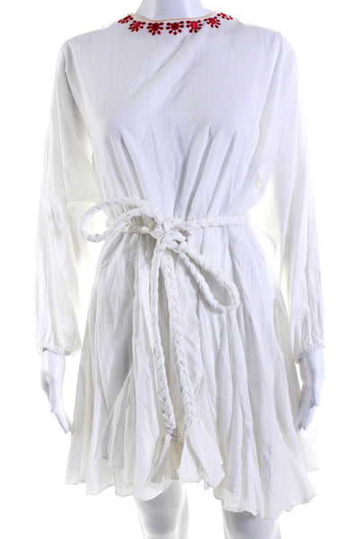 Rhode Womens Long Sleeve Embroidered Crew Neck Belted Dress White Size Small