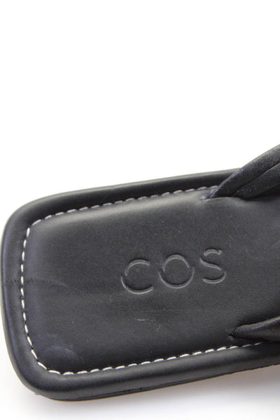 COS Women's Square Toe T-Straps Flip Flop Leather Sandals Black Size 6