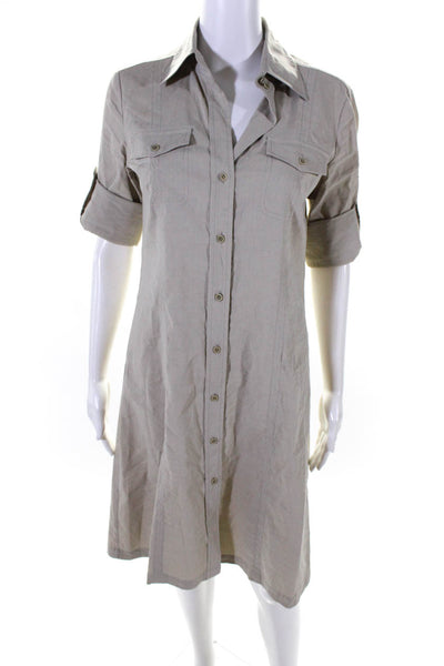 Theory Women's Collared Short Sleeves Button Down Midi Shirt Dress Beige Size 8