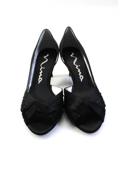 Nina Womens Cone Heel Satin Dorsay Twisted Peep Toe Pumps Black Size 8M