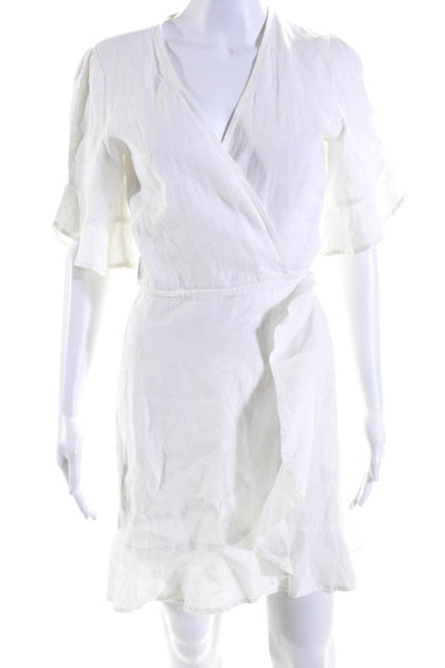 Honorine Womens Short Sleeve V Neck Linen Wrap Dress White Size Small
