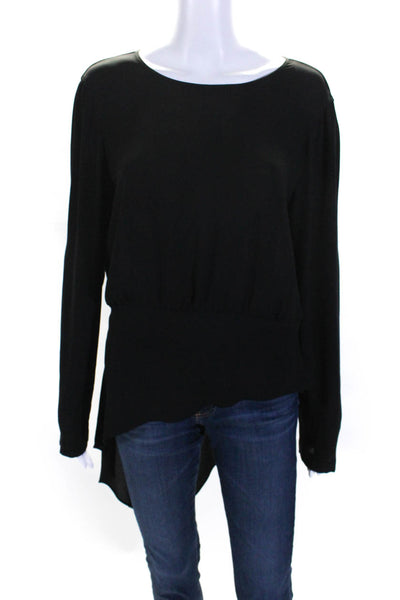 BCBGMAXAZRIA Women's V-Neck Long Sleeves Asymmetrical Sheer Blouse Black Size M