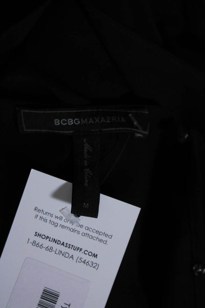 BCBGMAXAZRIA Women's V-Neck Long Sleeves Asymmetrical Sheer Blouse Black Size M
