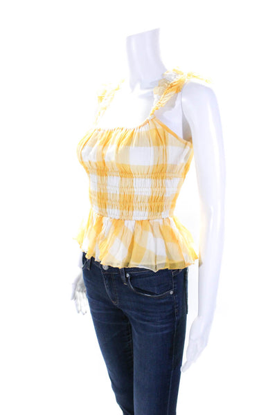 Saylor Women's Square Neck Sleeveless Ruffle Smocked Yellow Plaid Blouse Size M