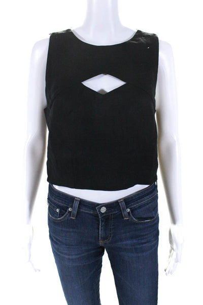 Hevron Womens Keyhole Cutout Crew Neck Sleeveless Top Blouse Black Linen Size 8