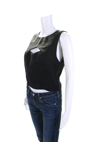 Hevron Womens Keyhole Cutout Crew Neck Sleeveless Top Blouse Black Linen Size 8