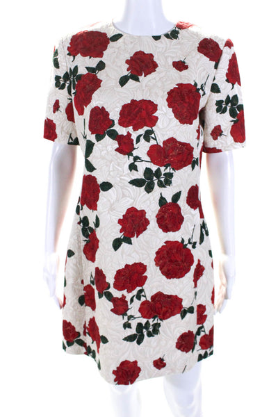 Saint Laurent Womens Short Sleeve Rose Jacquard Sheath Dress Ecru Red Size FR 42