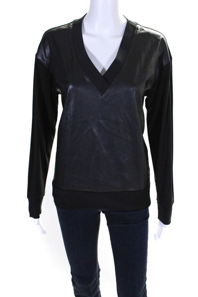 DKNY Women's V-Neck Long Sleeves Faux Leather Blouse Black Size S